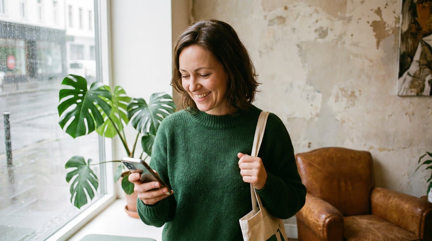 Patient in a bright waiting area using a smartphone to schedule or manage a visit