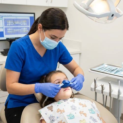 Dental professional gently placing a sedation nose mask on a child in the dental chair
