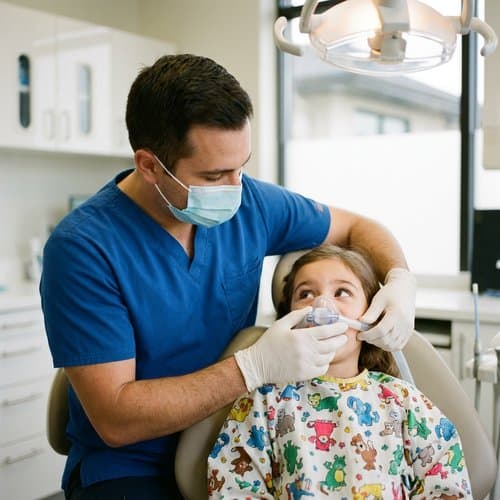 Clinician adjusting a nitrous oxide mask on a relaxed child during pediatric sedation dentistry