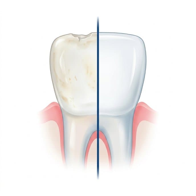 Illustration comparing a worn, stained tooth with a bright restored tooth after cosmetic treatment