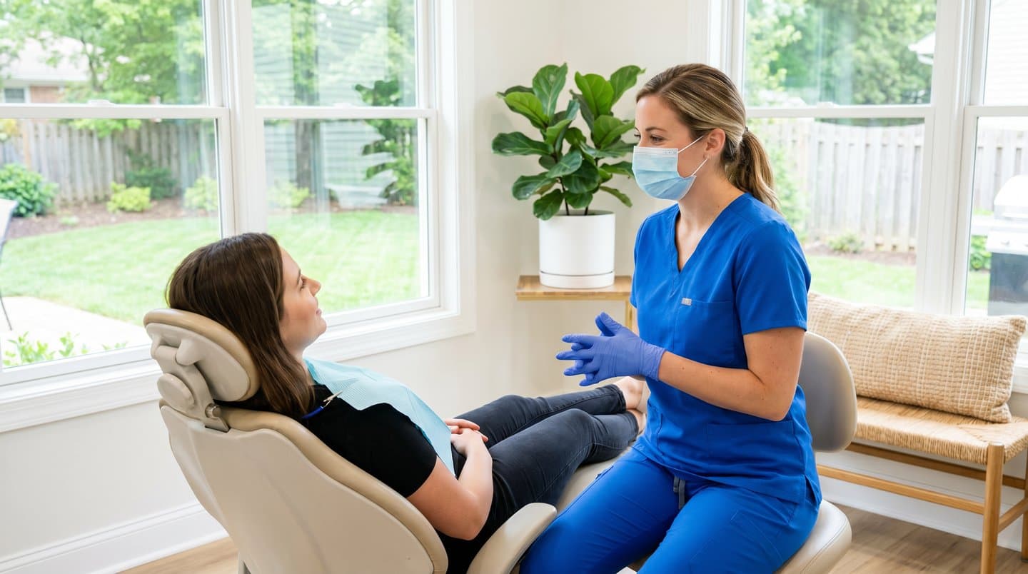 A dental hygienist in navy scrubs and a face mask talking with a patient in a bright, modern office with large windows overlooking a garden