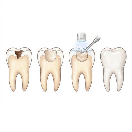 Illustration of filling stages: decay, preparation, composite placement and curing, finished tooth