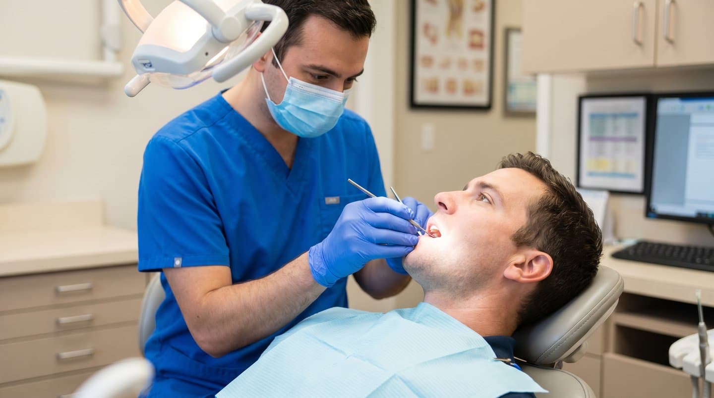 Dentist in scrubs and gloves treating a relaxed patient in a dental chair with a hand instrument