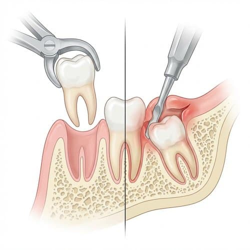 Illustration of a simple extraction with forceps and a surgical extraction for an impacted tooth