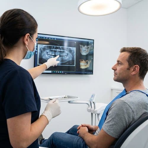 Dentist and patient reviewing a panoramic X-ray and scans on a monitor—dental imaging in Tracy, CA