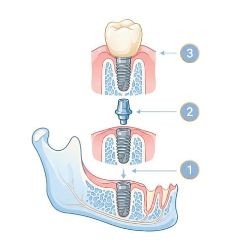 Diagram of a dental implant: titanium post in the jaw, abutment, and crown