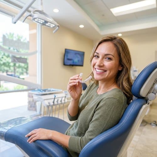 Patient in the dental chair smiling while holding a clear Invisalign aligner