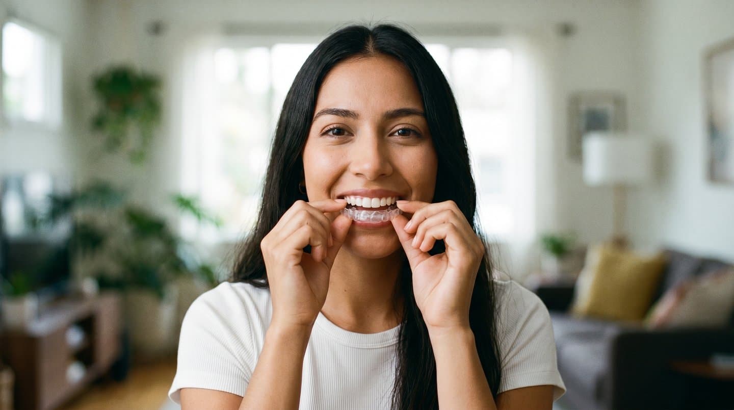 Smiling patient holding a clear Invisalign aligner