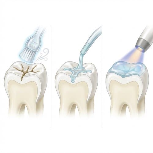 Illustration of sealant steps: tooth preparation, sealant applied into grooves, and curing light hardening the material