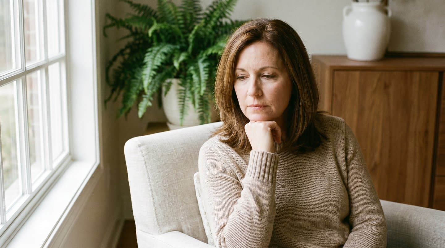 Woman seated in a bright room, resting her hand at her jaw with a thoughtful expression suggesting jaw discomfort