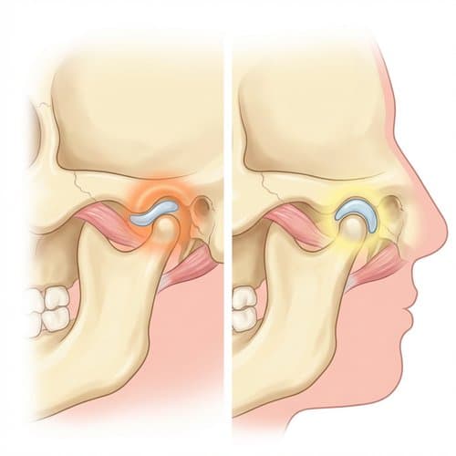 Illustration comparing a dysfunctional TMJ with disc displacement to a healthy temporomandibular joint